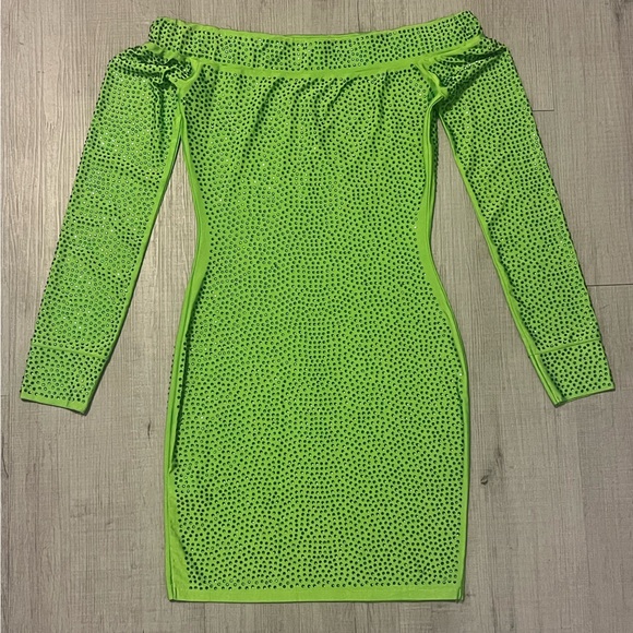 Lime Green Neon off Shoulder Rhinestone Dress 🥳 - Picture 2 of 11